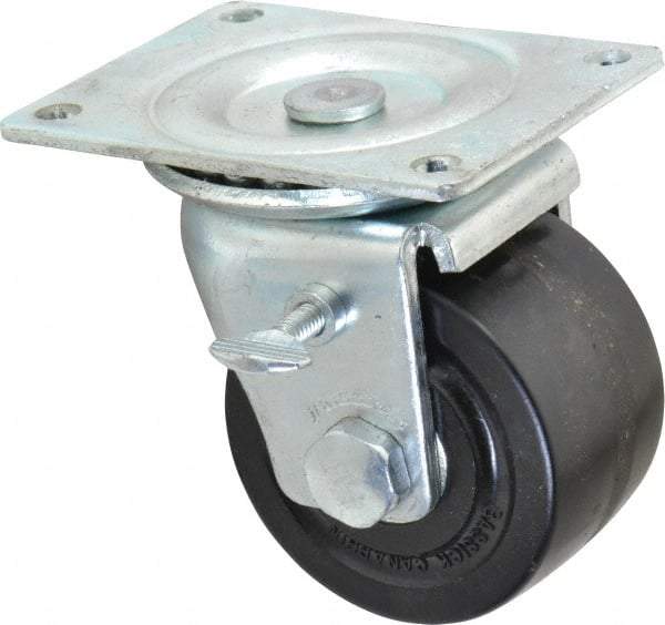 Albion - 3" Diam x 1-13/16" Wide x 3-31/32" OAH Top Plate Mount Swivel Caster with Brake - Phenolic, 700 Lb Capacity, Roller Bearing, 3-1/8 x 4-1/8" Plate - Industrial Tool & Supply