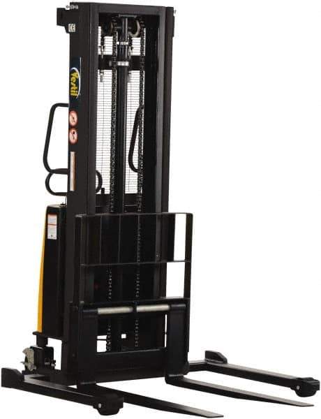 Vestil - 2,000 Lb Capacity, 118" Lift Height, Battery Powered Stacker - 2-1/8" Lowered Height, 42" Fork Length, 58" Overall Width - Industrial Tool & Supply