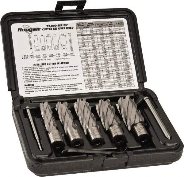 Hougen - 8 Piece, 5/8 to 1-1/8" Cutter Diam, 2" Cutting Depth, High Speed Steel Annular Cutter Set - Bright Finish, 3/4" Shank Diam, 5/8, 3/4, 7/8, 1, 1-1/8" Cutter Diams, 2 Flats on Shank - Industrial Tool & Supply