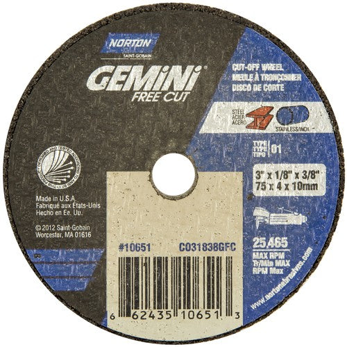 3 × 1/8 × 3/8″ Gemini Free Cut Small Diameter Cut-Off Wheel <=3″ A 36 T Type 01/41 - Industrial Tool & Supply