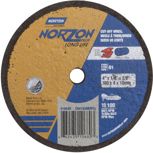 4″ × 1/8″ × 3/8″ NorZon Plus Small Diameter Cut-Off Wheel Type 01 Straight Aluminum Oxide - Industrial Tool & Supply