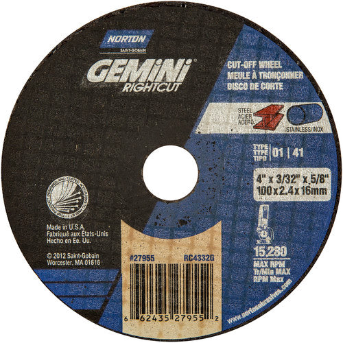 4″ × 0.090″ × 5/8″ Gemini Right Angle Cut-Off Wheel Type 01 Straight 46 Grit - Industrial Tool & Supply