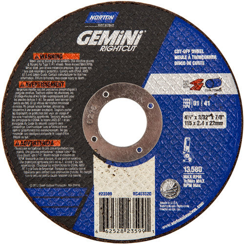 ‎4-1 /2″ × 0.090″ × 7/8″ Gemini Right Angle Cut-Off Wheel Type 01 Straight Aluminum Oxide - Industrial Tool & Supply