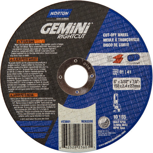 6″ × 0.090″ × 7/8″ Gemini Right Angle Cut-Off Wheel Type 01 Straight 46 Grit - Industrial Tool & Supply