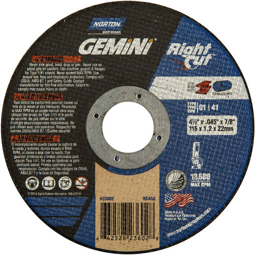 ‎4-1/2 x .045 × 7/8″ Gemini RightCut Right Angle Cut-Off Wheel A 36 Q Type 01/41 - Industrial Tool & Supply