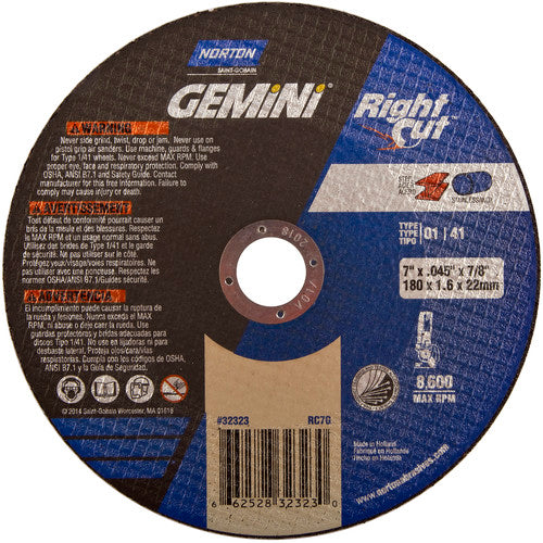 7″ × 0.060″ × 7/8″ Gemini Right Angle Cut-Off Wheel Type 01 Straight Aluminum Oxide - Industrial Tool & Supply