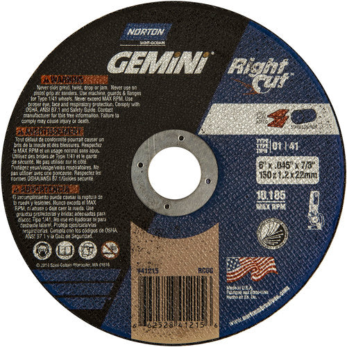 6 x .045 × 7/8″ Gemini RightCut Right Angle Cut-Off Wheel A 36 Q B Type 01/41 - Industrial Tool & Supply