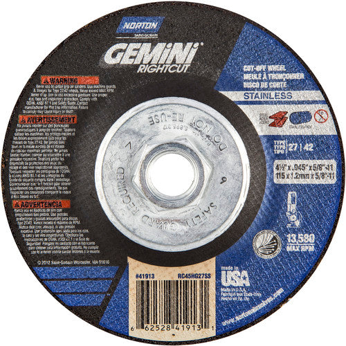 ‎4-1/2″ × 0.045″ × 5/8″-11 Gemini Non-Woven Depressed Center Wheel Type 27 24 Grit - Industrial Tool & Supply