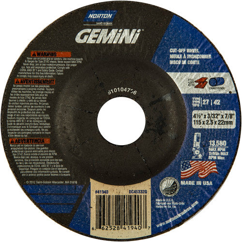 ‎4-1/2 × 3/32 × 7/8″ Gemini Cutting Wheel A 30 R BDA3 Type 27/42 - Industrial Tool & Supply