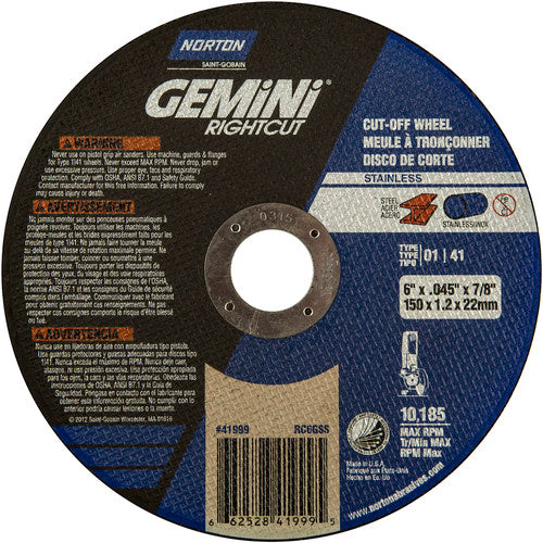 6″ × 0.045″ × 7/8″ Right Angle Cut-Off Wheel Gemini RightCut SS 36 Grit - Industrial Tool & Supply