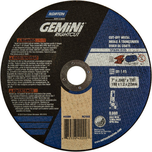 7″ × 0.045″ × 7/8″ Small Diameter Cut-Off Wheel Gemini RightCut SS 60 Grit - Industrial Tool & Supply