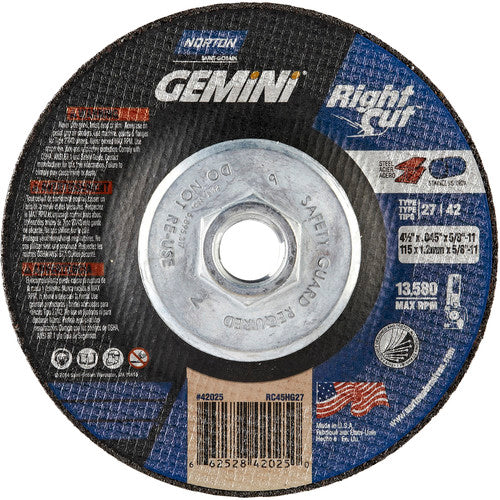 ‎4-1/2 x .045 × 5/8 - 11″ Gemini RightCut Cutting Wheel A 24 T BDA3 Type 27/42 - Industrial Tool & Supply