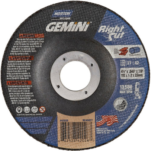 ‎4-1/2 x .045 × 7/8″ Gemini RightCut Cutting Wheel A 24 R B Type 27/42 - Industrial Tool & Supply