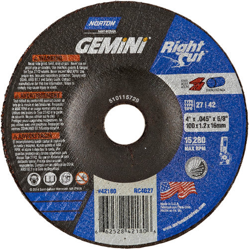 4″ × 0.045″ × 5/8″ Gemini Non-Woven Depressed Center Wheel Type 27 24 Grit Aluminum Oxide - Industrial Tool & Supply