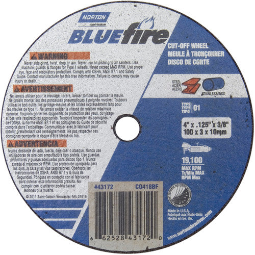 4″ × 1/8″ × 3/8″ BlueFire Small Diameter Cut-Off Wheel Type 01 Straight - Industrial Tool & Supply