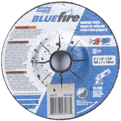 4″ × 1/4″ × 5/8″ BlueFire Non-Woven Depressed Center Wheel Type 27 Zirconia Alumina / Aluminum Oxide - Industrial Tool & Supply