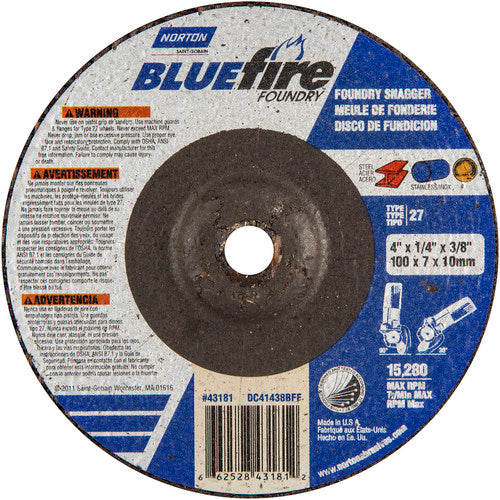 4″ × 1/4″ × 3/8″ BlueFire Non-Woven Depressed Center Wheel Type 27 Zirconia Alumina / Aluminum Oxide - Industrial Tool & Supply