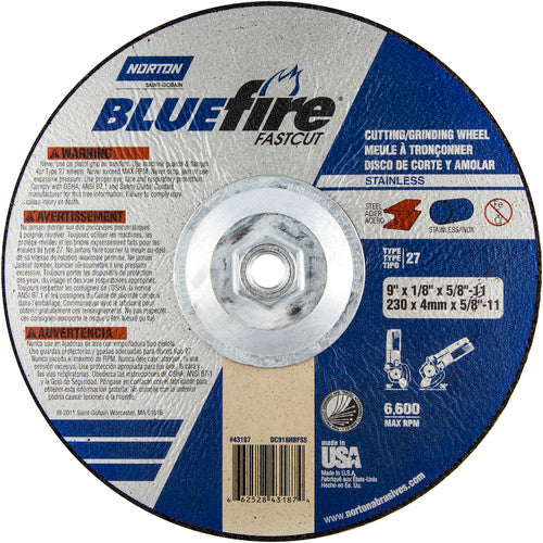 9″ × 1/8″ × 5/8″ BlueFire Non-Woven Depressed Center Wheel Type 27 Zirconia Alumina / Aluminum Oxide - Industrial Tool & Supply
