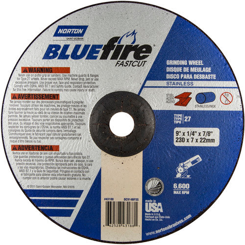 9″ × 1/4″ × 7/8″ BlueFire Non-Woven Depressed Center Wheel Type 27 Zirconia Alumina / Aluminum Oxide - Industrial Tool & Supply