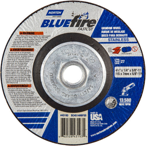 ‎4-1/2″ × 1/4″ × 5/8″ BlueFire Non-Woven Depressed Center Wheel Type 27 - Industrial Tool & Supply