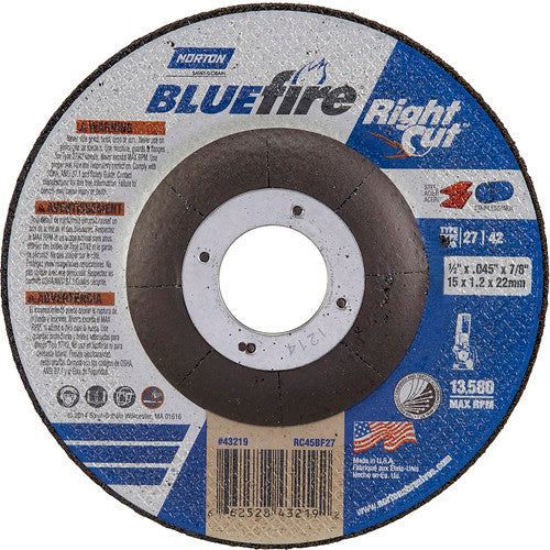 ‎4-1/2 × 1/16 × 7/8″ BlueFire RightCut Cutting Wheel A 36 R Type 27/42 - Industrial Tool & Supply