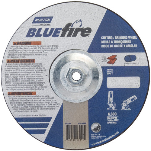 9″ × 1/8″ × 5/8″ BlueFire Non-Woven Depressed Center Wheel Type 27 Zirconia Alumina / Aluminum Oxide - Industrial Tool & Supply