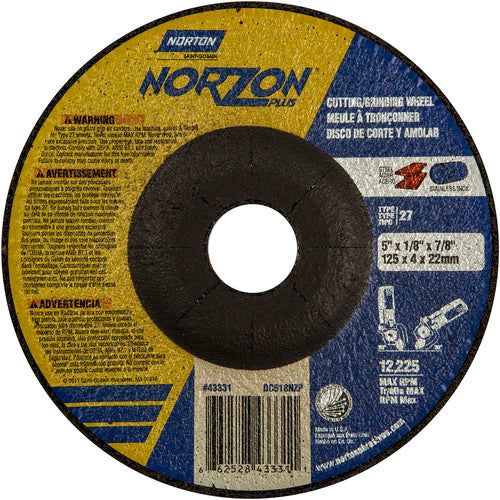 5″ × 1/8″ × 7/8″ NorZon Plus Non-Woven Depressed Center Wheel Type 27 Ceramic Alumina / Zirconia Alumina - Industrial Tool & Supply