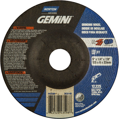 5 × 1/4 × 7/8″ Gemini Grinding Wheel A 24 S BDA Type 27 - Industrial Tool & Supply