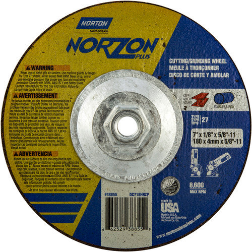 7″ × 1/8″ × 5/8″ NorZon Plus Non-Woven Depressed Center Wheel Type 27 - Industrial Tool & Supply