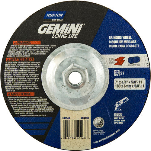 ‎7 × 1/4 × 5/8 - 11″ Gemini Long Life Grinding Wheel A 24 S Type 27 - Industrial Tool & Supply