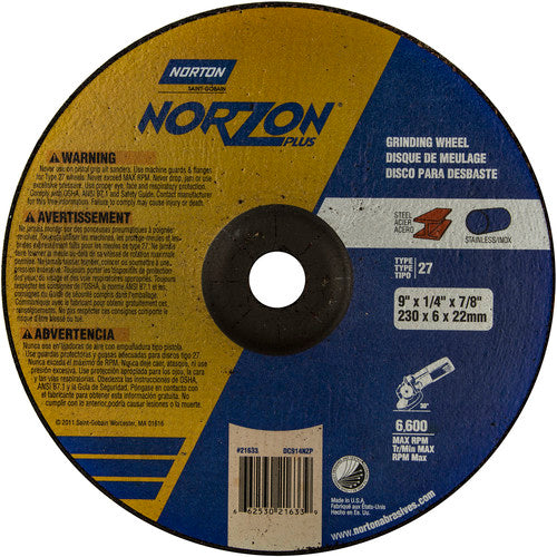 9″ × 1/4″ × 7/8″ NorZon Plus Non-Woven Depressed Center Wheel Type 27 - Industrial Tool & Supply