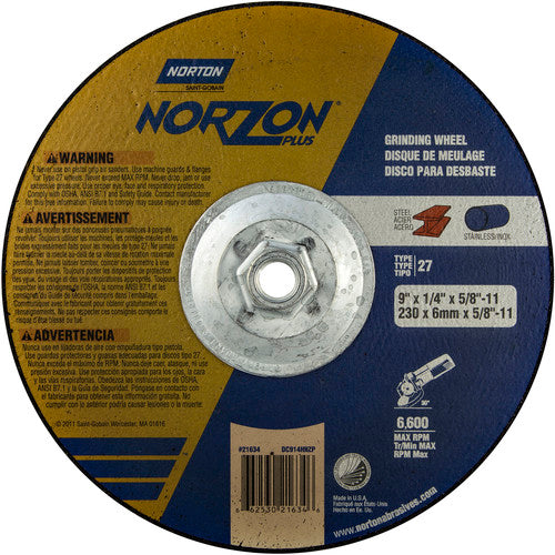 9″ × 1/4″ × 5/8″ NorZon Plus Non-Woven Depressed Center Wheel Type 27 - Industrial Tool & Supply