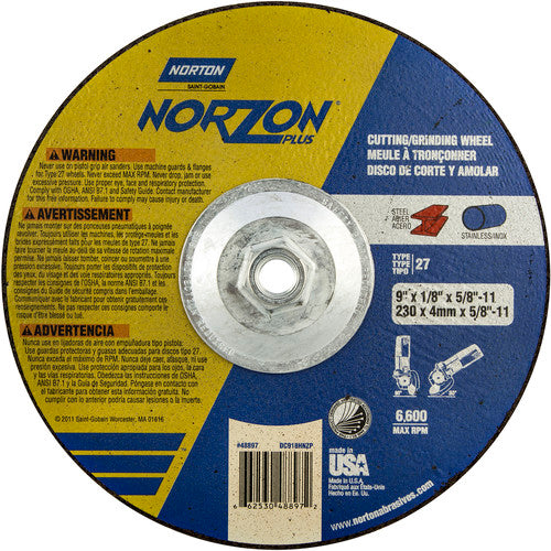 9″ × 1/8″ × 5/8″ NorZon Plus Non-Woven Depressed Center Wheel Type 27 - Industrial Tool & Supply