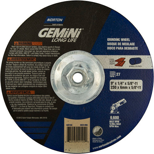 ‎9 × 1/4 × 5/8 - 11″ Gemini Long Life Grinding Wheel A 24 R Type 27 - Industrial Tool & Supply