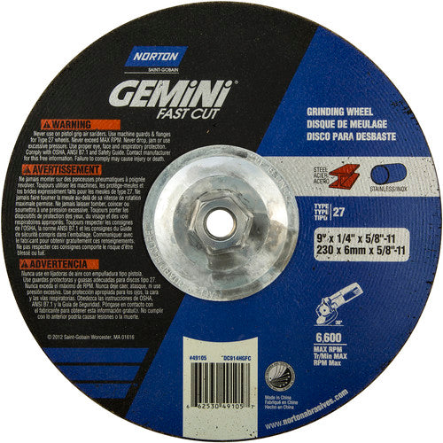 ‎9 × 1/4 × 5/8 - 11″ Gemini Fast Cut Grinding Wheel A 24 N Type 27 - Industrial Tool & Supply