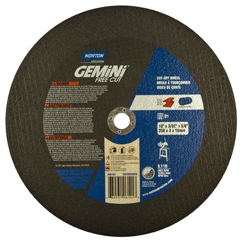 10″ × 0.09375″ × 5/8″ Gemini Stationary Saw Type 01 Straight Cut-Off Wheel Aluminum Oxide - Industrial Tool & Supply