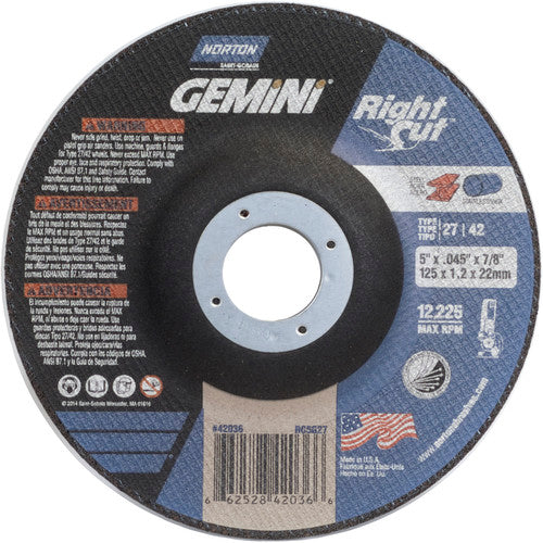 5″ × 0.045″ × 7/8″ Gemini Right Angle Cut-Off Wheel Type 27/42 Aluminum Oxide - Industrial Tool & Supply