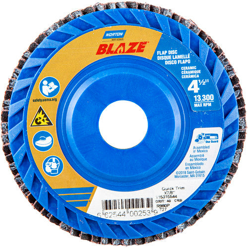 ‎4-1/2 × 7/8″ Blaze Plastic Flat Flap Disc Type 27 40 Grit R980P Premium Ceramic Alumina - Industrial Tool & Supply