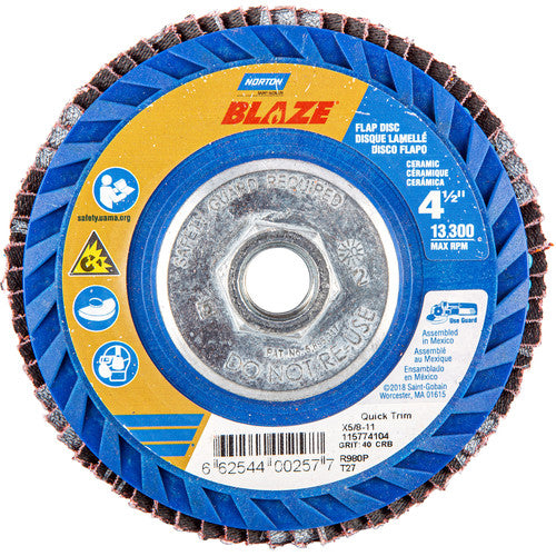 ‎4-1/2 × 5/8 - 11″ Blaze Plastic Flat Flap Disc Type 27 40 Grit R980P Premium Ceramic Alumina - Industrial Tool & Supply