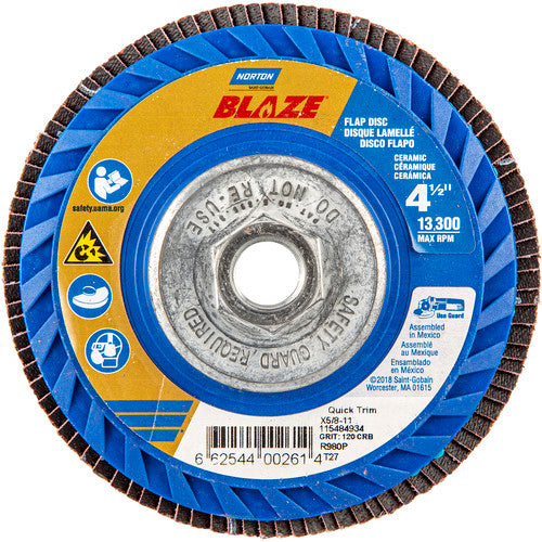 ‎4-1/2 × 5/8 - 11″ Blaze Plastic Flat Flap Disc Type 27 120 Grit R980P Premium Ceramic Alumina - Industrial Tool & Supply