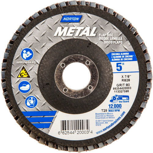 5″ × 1/4″ × 7/8″ Metal Flap Disc Type 29 Conical 80 Grit Zirconia Alumina - Industrial Tool & Supply