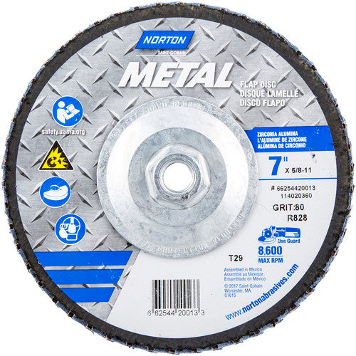 ‎7 × 5/8 - 11″ Metal Fiberglass Conical Flap Disc Type 29 80 Grit R828T Zirconia Alumina - Industrial Tool & Supply