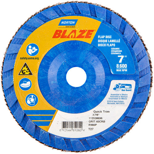 7 × 7/8″ Blaze Plastic Flat Flap Disc Type 27 60 Grit R980P Premium Ceramic Alumina - Industrial Tool & Supply