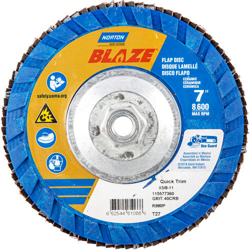 ‎7 × 5/8 - 11″ Blaze Plastic Flat Flap Disc Type 27 40 Grit R980P Premium Ceramic Alumina - Industrial Tool & Supply