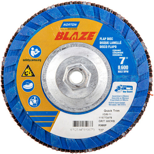 ‎7 × 5/8 - 11″ Blaze Plastic Flat Flap Disc Type 27 60 Grit R980P Premium Ceramic Alumina - Industrial Tool & Supply
