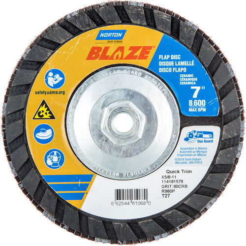 7″ × 1/4″ × 5/8″ SG Blaze R980P Flap Disc Type 27 Flat 80 Grit - Industrial Tool & Supply