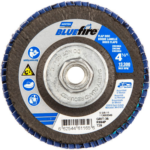 ‎4-1/2 × 5/8 - 11″ BlueFire Fiberglass Conical Flap Disc Type 29 P36 Grit R884P Zirconia Alumina - Industrial Tool & Supply