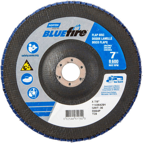 7″ × 1/4″ × 7/8″ NorZon BlueFire R884 Flap Disc Type 29 Conical 36 Grit - Industrial Tool & Supply