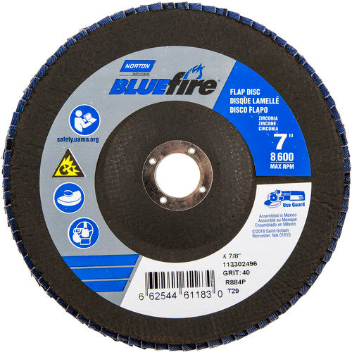 7 × 7/8″ BlueFire Fiberglass Conical Flap Disc Type 29 P40 Grit R884P Zirconia Alumina - Industrial Tool & Supply