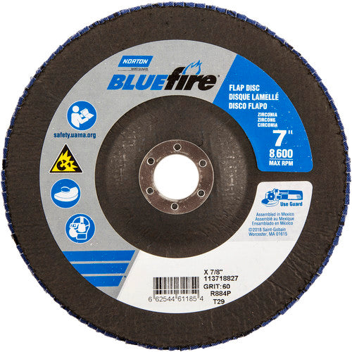 7″ × 1/4″ × 7/8″ NorZon BlueFire R884 Flap Disc Type 29 Conical 60 Grit - Industrial Tool & Supply